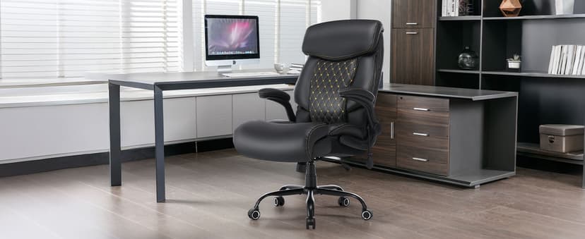 550LBS Big and Tall Office Chair for Heavy People,Ergonomic Office Chair with Padded Flip-Up Arms and Adjustable Lumbar Support,High Back Executive Leather Desk Chair with Rocking Function