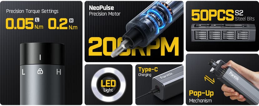 Fanttik E1 Max Electric Screwdriver, Mini Precision Screwdriver Set, 50 Magnetic Bits, Magnetic Storage, 5/32‘’Hex, Repair Tool Kit for Electronics Phone Camera Laptop Watch (Grey)