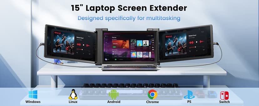 15'' Laptop Screen Extender, 1080P FHD Ultra-Thin Portable Monitor for 15"-17" Laptop with USB-C/HDMI Port, Plug and Play, for Mac/Windows/Android, Triple Screen Ideal for Remote Work & Multitasking