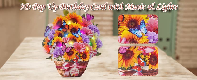 Birthday Cards with MUSIC & LIGHTS, Pop Up Happy Birthday Card, Sunflower & Butterfly, 10 Inch Life Sized Forever Flower Bouquet Gifts for Women Mom Grandma