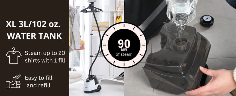 True & Tidy Heavy Duty Commercial Full Size Standing Garment Steamer for Clothes with Extra Large 2.9L (98 oz) Water Tank for 90+ mins of Steam Time, 1800 watts of Powerful Steam, 3 Settings, Gray