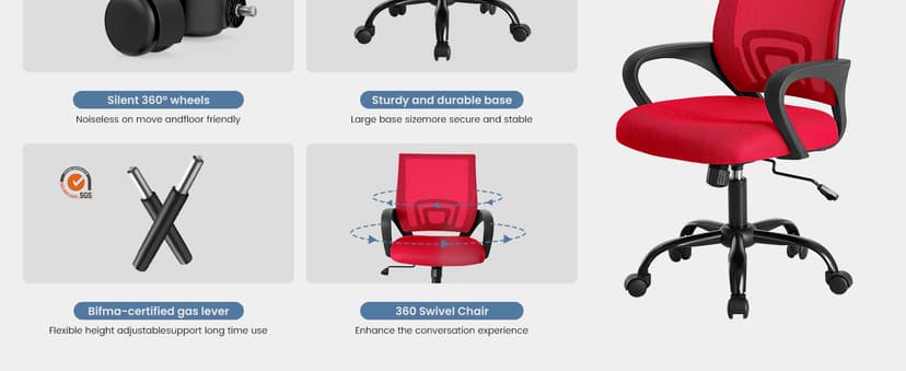 DUMOS Home Office Chair - Ergonomic Mid Back Mesh Desk Chair with Lumbar Support & Rocking Mode, Height Adjustable with Fixed Armrest, for Computer, Gaming, Meeting, 360° Swivel, Red