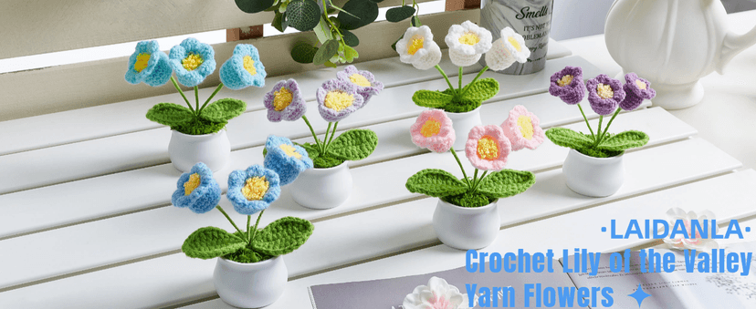 LAIDANLA Crochet Flower Potted, Pink Small Handmade Knitted Flowers Lilly of The Valley for Desk, Christmas Appreciation Birthday Gifts for Women Mom Sister Grandma Coworker Friend Teacher