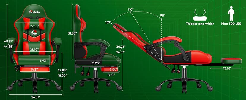 Czlolo Gaming Chair, Lumbar Support Massage Computer Chair, High Back Gamer Chair, with Footrest and Headrest, Lumbar Pillow, Recline, Wide Seat, Gaming Chairs for Christmas/Birthday Gifts, Green