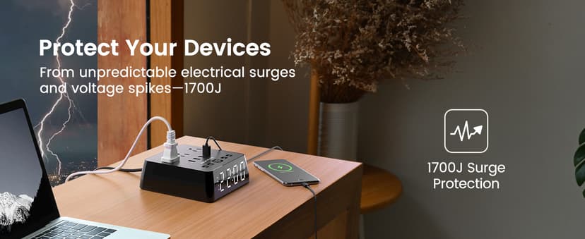 JACKYLED Alarm Clock with 4 USB Chargers Power Strip 3 Outlets 1700J Surge Protector Nightstand Dimmable Digital Clock with Dual Alarm and Snooze Function for Bedroom, Full Screen LED Display