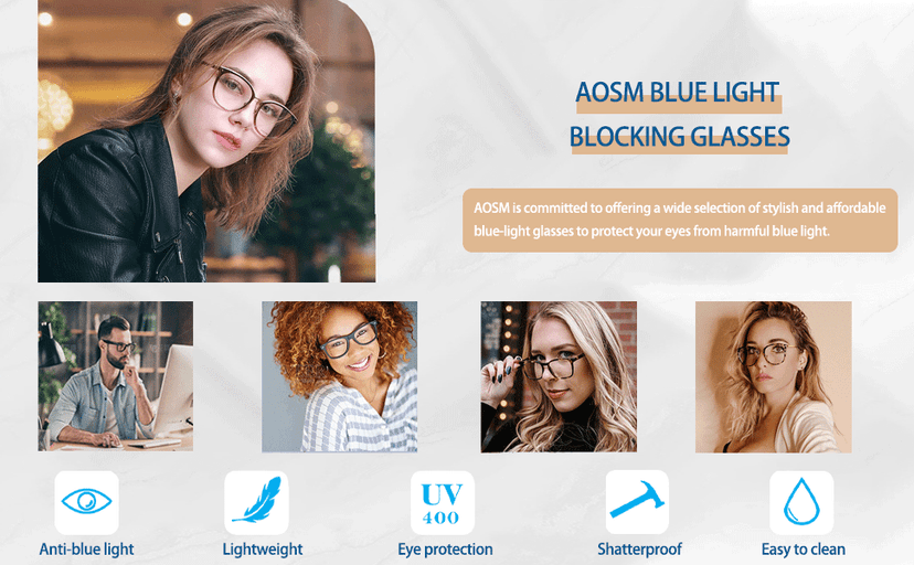 AOSM Blue Light Glasses for Men & Women,Gaming glasses Anti-Glare UV400 Protection,Blue Light Blocking to Relieve Eye Strain