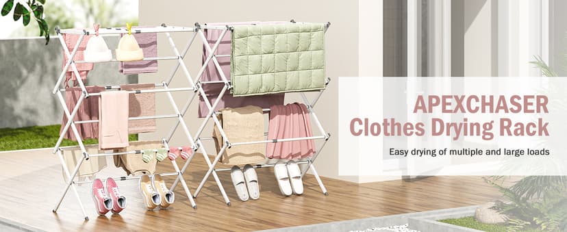 APEXCHASER Clothes Drying Rack Folding - 3 Tier Laundry Drying Rack for Clothes, Expandable Metal Clothing Dryer, Collapsible Towel Rack, Air Drying Rack, White