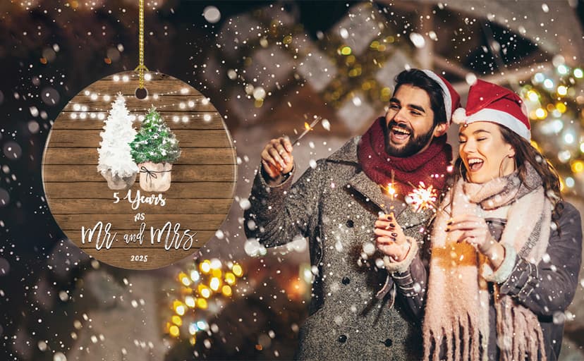 5th Anniversary Ornament Gifts for Couple, 5 Year Wedding for 5th Anniversary, Ceramic Keepsake 5 Year as Mr and Mrs Christmas Ornaments