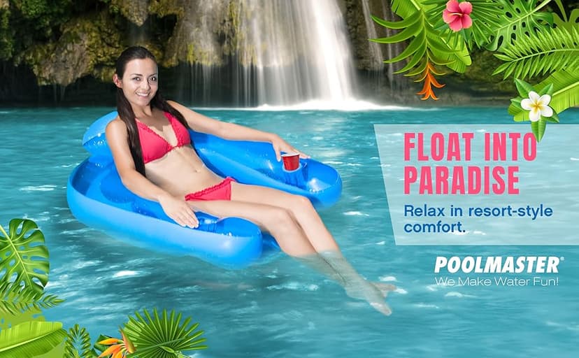 Poolmaster Paradise Water Chair, Inflatable Adult Pool Float Lounge Chair with Backrest, Armrests & Dual Cup Holders, Comfortable Floating Seat for Pool, Lake, Beach or River Relaxation