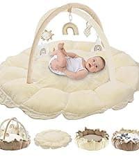 HAN-MM 5-in-1 Convertible Baby Play Gym with 6 Toys, Tummy Time Mat for Sensory Development, Baby Activity Center from Newborn to Toddler, Ball Pit, Soft Plush Pet Mat, Pink