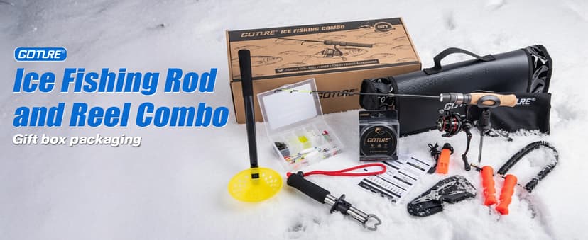 Goture Ice Fishing Rod and Reel Combo with Carry Bag, 24''Medium Spinning Ice Fishing Pole, 58Pcs Jigs & Lures with Storage Box, Line,Fish Gripper, Pliers and Tools for Trout Bass Walleye