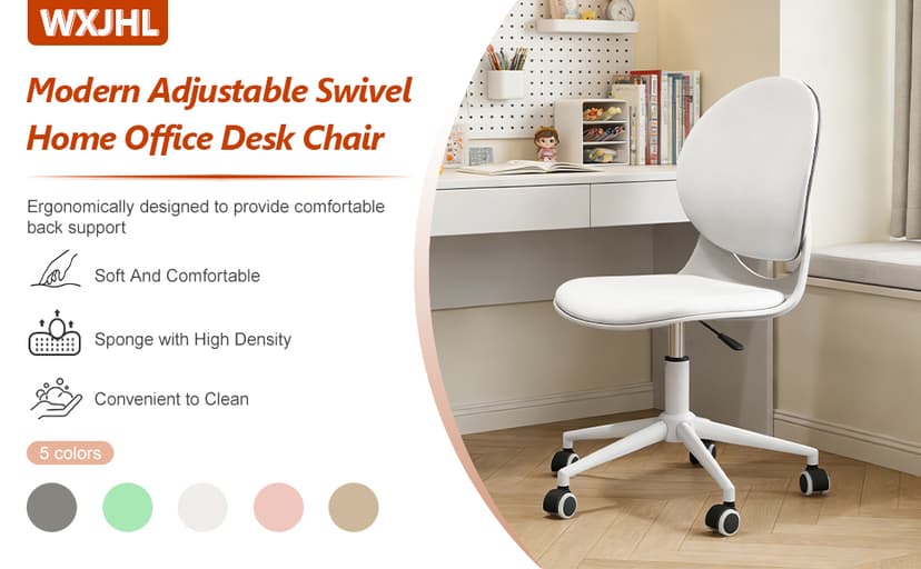 Modern Home Office Chair, Armless Faux Leather Fabric Desk Chair with Mid-Back, Swivel Height Adjustable Ergonomic Computer Task Chair for Office, Bedroom, Make Up, Study