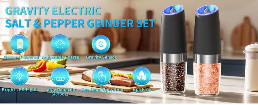 CIRCLE JOY Gravity Electric Salt and Pepper Grinder Set Automatic Salt and Pepper Grinder Set with LED Light, Battery Operated, Adjustable Coarseness, Large Capacity, for Home Kitchen BBQ, Black B0DFY5TNFX
