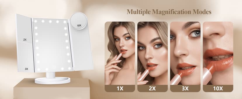 HUONUL Makeup Mirror Vanity Mirror with Lights, 2X, 3X, 10X Magnification, Touch Control, Trifold, White, 9.4" L x 13.4" W, Modern Style, Dresser Mount, Bathroom