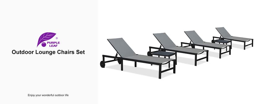 PURPLE LEAF Outdoor Chaise Lounge Chairs Set Recliner Adjustable Chair with Wheels and Table for Poolside Beach Patio Aluminum Reclining Sunbathing Lounger, Grey