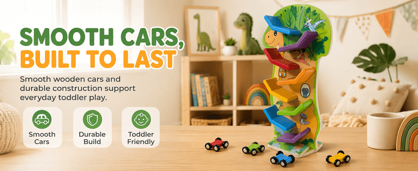 4 Mini Cars, 8 Level Race Track Car Truck, Car Toys for Toddlers 1-3, One 1st Birthday Gift Montessori Toys for 1 2 3 Year Old Boy, Dinosaur Wooden Car Ramp Race Track B0H7H5XWV5