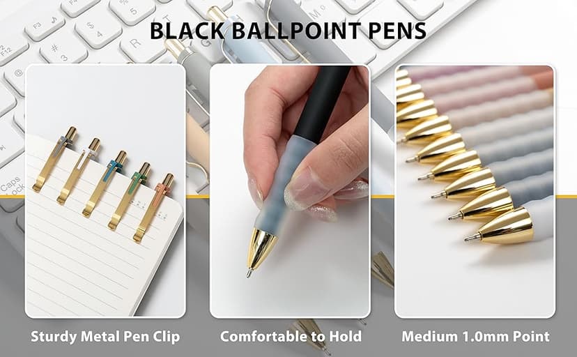 Linbsunne Ballpoint Pens Black Medium Point 1mm Pen with Super Soft Grip Ball Point Pen for Men Women Retractable Pens (gold-12 pcs)