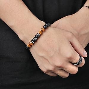 JoycuFF Gifts for Men Natural Tiger Eye Black Matte Agate Bracelets, Christmas Birthday Gifts for Boyfriend Husband Brother from Girlfriend Wife, To My Man Bead Bracelets