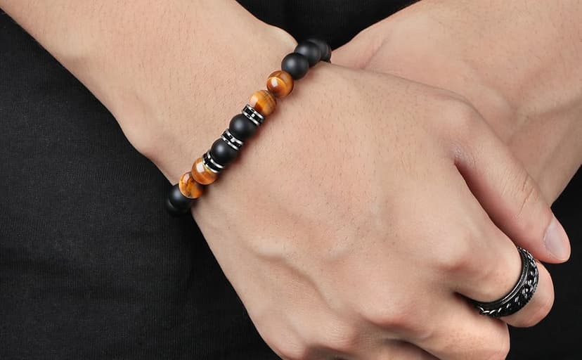 JoycuFF Gifts for Men Natural Tiger Eye Black Matte Agate Bracelets, Christmas Birthday Gifts for Boyfriend Husband Brother from Girlfriend Wife, To My Man Bead Bracelets