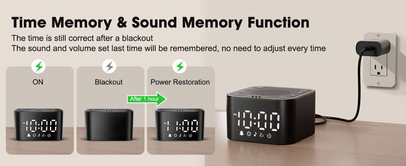 Alampan White Noise Sound Machine with Alarm Clock, 30 Soothing Sounds, Noise Machine for Sleeping, RGB Night Light, Digital Clock, Adults, for Bedside, Nightstand, Including Fan, Rain, Bird, Ocean