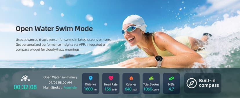 Parsonver Parsonver Swimming Smart Watch, 5ATM Waterproof for Pool & Open Water, Built-in GPS & Compass, AMOLED Fitness Tracker with 100+ Sports Modes, Heart Rate & Sleep Monitor, AI Swim Analysis, French Grey