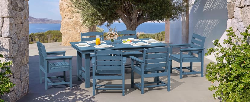 SERWALL 7-Piece Patio Dining Table Sets, Outdoor HDPE Dining Furniture Set with Umbrella Hole Cut-Out Table and 6 Chairs, Blue