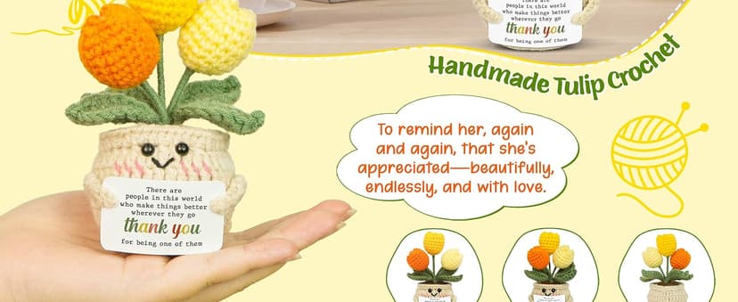 OASSIE Thank You Gifts for Women - Mini Handmade Positive Tulip Flowers Crochet with Message Card - Christmas Birthday Farewell Employee Appreciation Gifts for Coworkers, Emotional Support Crochet