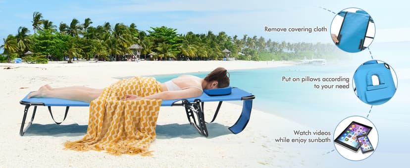 GYMAX Tanning Chair, 330lbs Beach Lounge Chair with Face Hole, Washable Pillow & Carry Strap, Adjustable Folding Chaise Lounge, Layout Lounger for Outside, Patio, Poolside, Lawn (1, Blue)