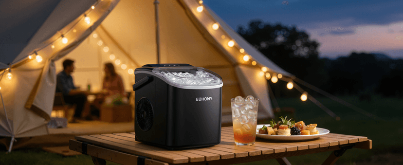 EUHOMY Countertop Ice Maker Machine with Handle, 26lbs in 24Hrs, 9 Ice Cubes Ready in 6 Mins, Auto-Cleaning Portable Ice Maker with Basket and Scoop, for Home/Kitchen/Camping/RV. (Black)
