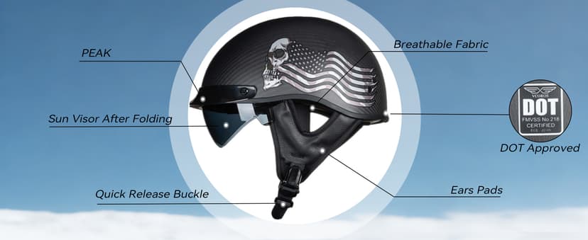 VCOROS Carbon Fiber Open Face Retro Motorcycle Helmets Men Women Half Face Helmets for Motorbike Cruiser Chopper Moped Scooter ATV (Gloss Black, L)
