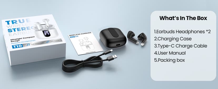 Haqquio Wireless Earbuds, Bluetooth Headphones with Deep Bass Stereo, 48H Playback Ear Buds with LED Power Display, Lightweight, IPX7, in-Ear Earphones with Mic for iPhone/Android/iPad, Black