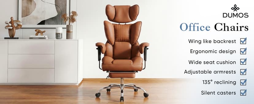 DUMOS Big and Tall Home Office Desk Chair, Gaming Computer Chair, Executive Ergonomic Chair with Footrest, High Back Reclining, Adjustable Armrests and Comfy Lumbar Support, PU Leather, Brown
