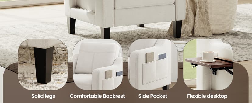 Accent Chair for Living Room Modern Linen Upholstered Armchair Side Wooden Fabric Sofa Chair with Foldable Table 2 Side Pockets Comfy Reading Chair for Bedroom