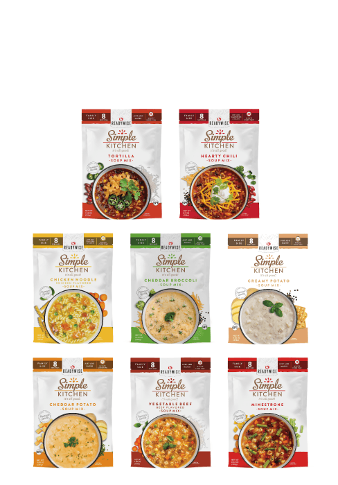 READYWISE - Simple Kitchen, Soup Favorites, Variety Pack, 8 Servings Per Pouch, Soup Mix, Family Size, MRE, Freeze Dried Food, Ready To Eat Meals, Hiking & Backpacking Food, Soup for Family, Pack of 4