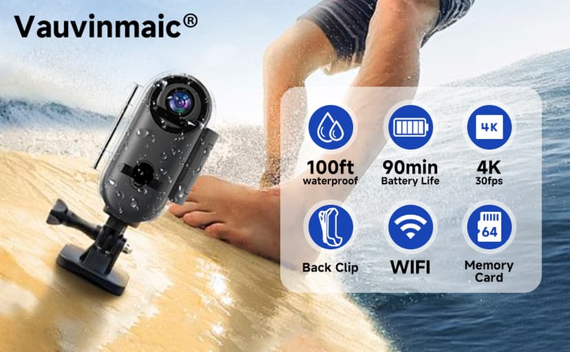 Vauvinmaic 4K Mini Body Camera 64GB, Thumb Size WiFi POV Cam, Waterproof Wearable Hand Free Portable Action Cam, Ultra Wide Angle View, Mount Anywhere for Pets, Cycling, Swimming, Vlogging, Black