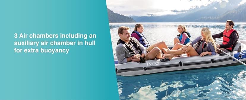 Intex Excursion 5 Person Inflatable Outdoor Fishing Raft Boat Set with 2 Aluminum Oars and Air Pump with a Intex Composite Motor Mount Kit
