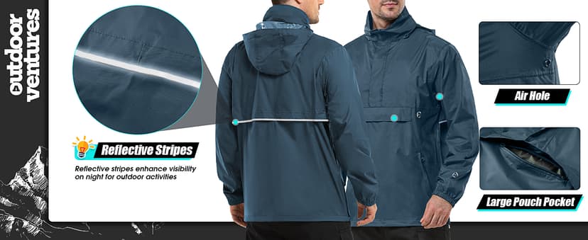 Outdoor Ventures Men's Rain Jacket Waterproof Lightweight Packable Rain Pullover for Hiking Golf Running