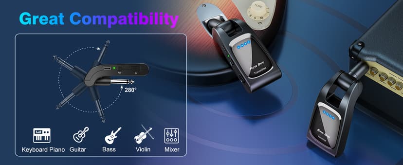 Wireless Guitar System 2.4 GHz with 6 Channels Rechargeable Audio Wireless Guitar Transmitter Receiver for Bass Electric Instruments