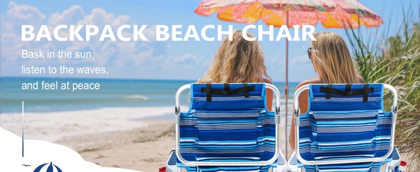 PASAMIC Backpack Beach Chair for Adults Portable, Lay Flat Reclining Beach Chair with 5 Positions, Tall Heavy Duty Folding Chairs with Cup Holder, Cooler Pouch, Towel Bar, Multicolor Stripe
