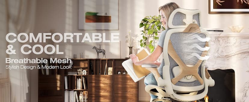 ELABEST X100 Ergonomic Office Chair with Footrest, Big and Tall Home Desk Chair with 5D Flip-Up Arms, Adjustable 3D Lumbar Support,High Back Rolling Computer Chair, Swivel Mesh Chairs (Foggy Morning)