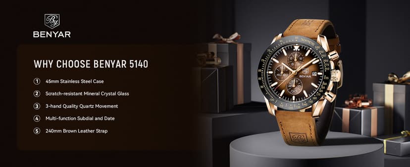 BENYAR Mens Watches Quartz Analog Chronograph Waterproof Wrist Watches for Men Fashion Business Work Casual Sport Dress Watch with Calendar