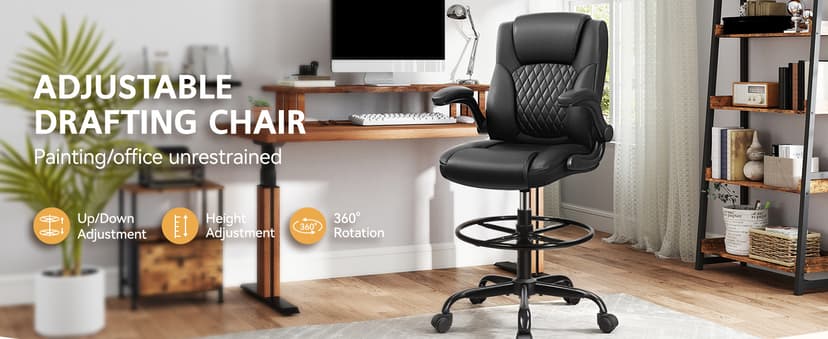 Drafting Chair,Tall Office Chair for Standing Desk,High Executive Leather Ergonomic Computer Chair with Adjustable Height and Flip-Up Armrest for Counter Height Desk,Black