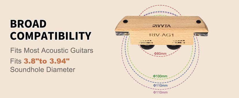 RIVVTA Acoustic Guitar Pickup Guitar Pickups Acoustic Pickup with Volume Tone Control for Standard Steel String Acoustic Guitars(Natural Beech)