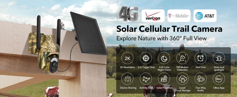 4G LTE Cellular Trail Cameras 2K 360° View Live Streaming Game Camera Built-in SIM Card with Motion Activated Color Night Vision Remote Phone Access Solar Powered Trail Camera IP65 Waterproof 2 Pack