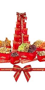 NUT CRAVINGS - Diwali Sweets Hamper Dried Fruit & Mixed Nuts Gift Basket in Black Tower + Ribbon (12 Assortments) Food Arrangement, Healthy Snack Care Package, Food Assortments