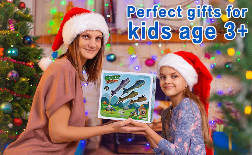 Dinosaur Toy Rocket Launcher for Kids - Launch Up to 100 Ft, 4 Rockets, Outdoor Outside Toys for Kids, Dinosaur Toys, Birthday Gifts for 3 4 5 6 7 8-12 Year Old Boys Girls