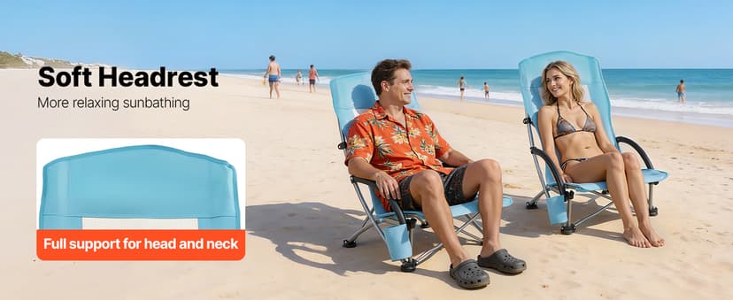 VEVOR Folding Beach Chair, High Back Camping Chairs for Adults, with Cup Pocket, Mesh Back, Carry Bag, Portable Extra Wide Seat Chair 330 lbs Heavy Duty Support, for Outdoor, Camp, Light Blue