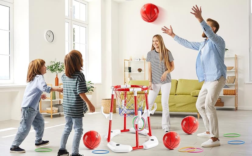 Pool Basketball Hoop, 2-in-1 Floating Pool Toys Ring Game with 4 Balls and Pump, Outdoor Swimming Pool Basketball Games Water Play Toy Family Party for Kids Adults Age 3-12 (Red)