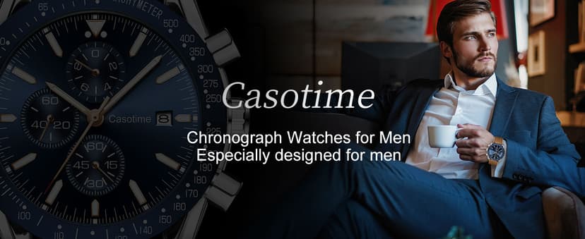 Casotime Men's Leather Band Chronograph Watch - 30M Waterproof Big Face Analog Quartz Date - Work Sport Casual Classical Fashion Designer Dress Wrist Watch - Elegant Gift for Men