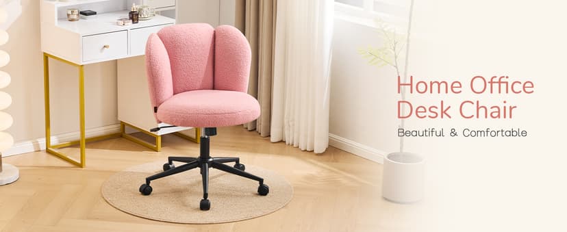 Furniliving Velvet Vanity Chair with Wheels, Adjustable Height Swivel Desk Chair& Lumbar Support, Armless Upholstered Makeup Chair for Bedroom Home Office Study Room (White, Flower)